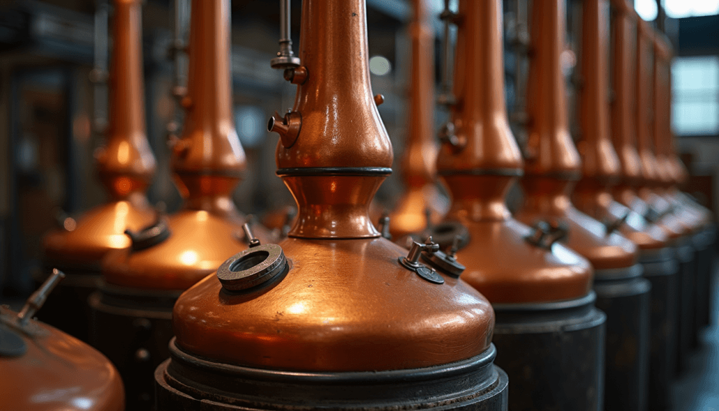 Copper pot stills used in the distillation process at Fog's End Distillery.