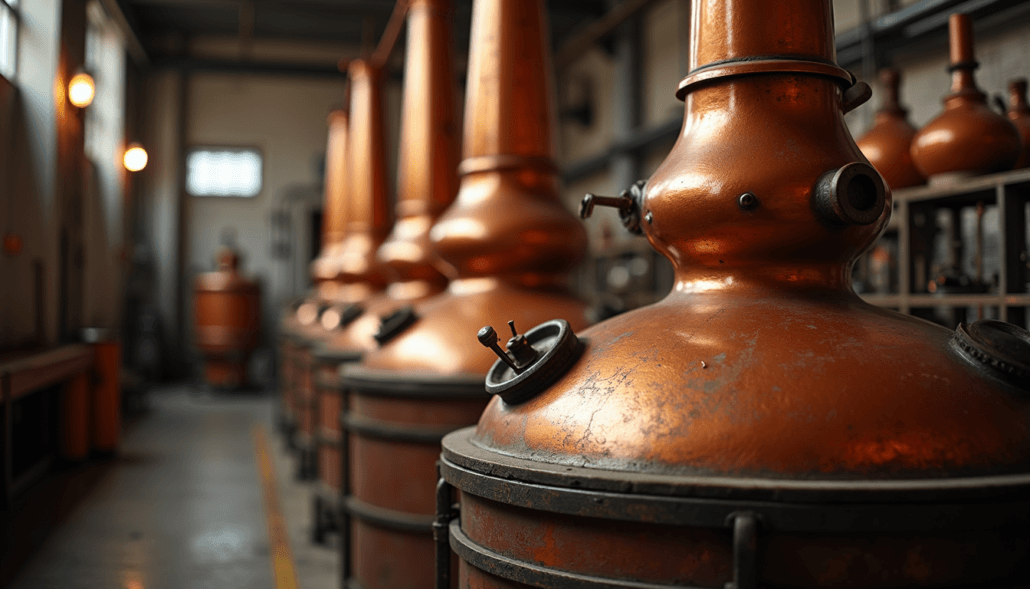 A copper pot still used for distilling spirits in a local distillery.